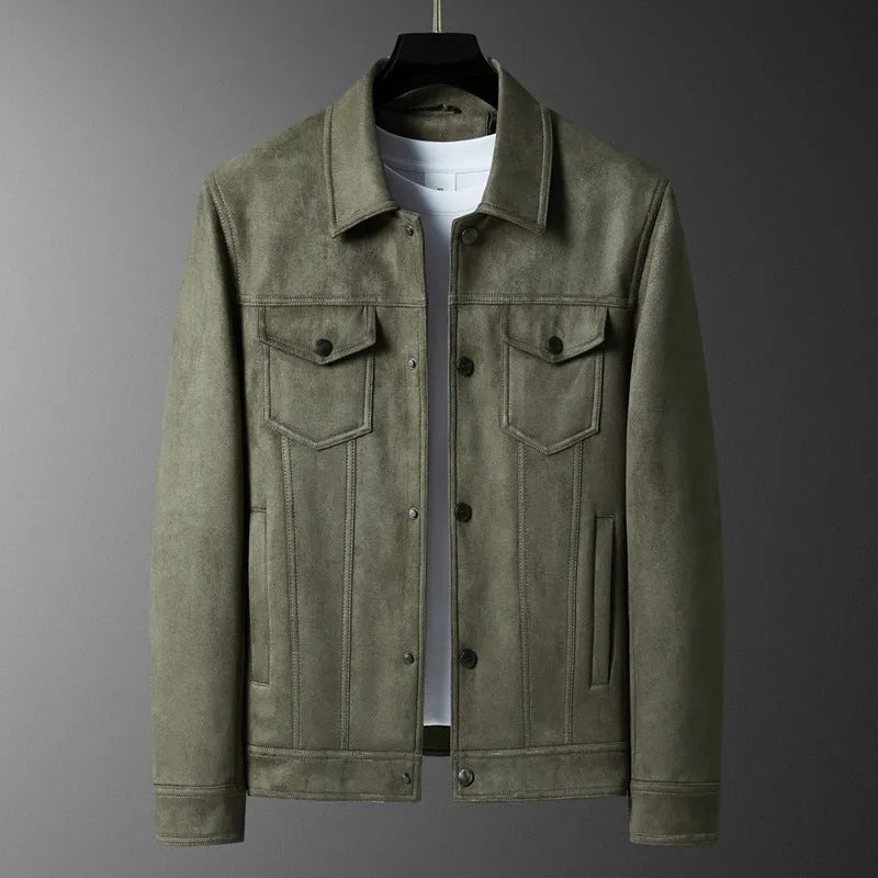 Men's spring suede jacket in solid colour with raglan sleeves and 3D pocket, slim fit, army green