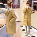Women's over-the-knee padded jacket with rhombus plaid pattern in black with hood and flight sleeves