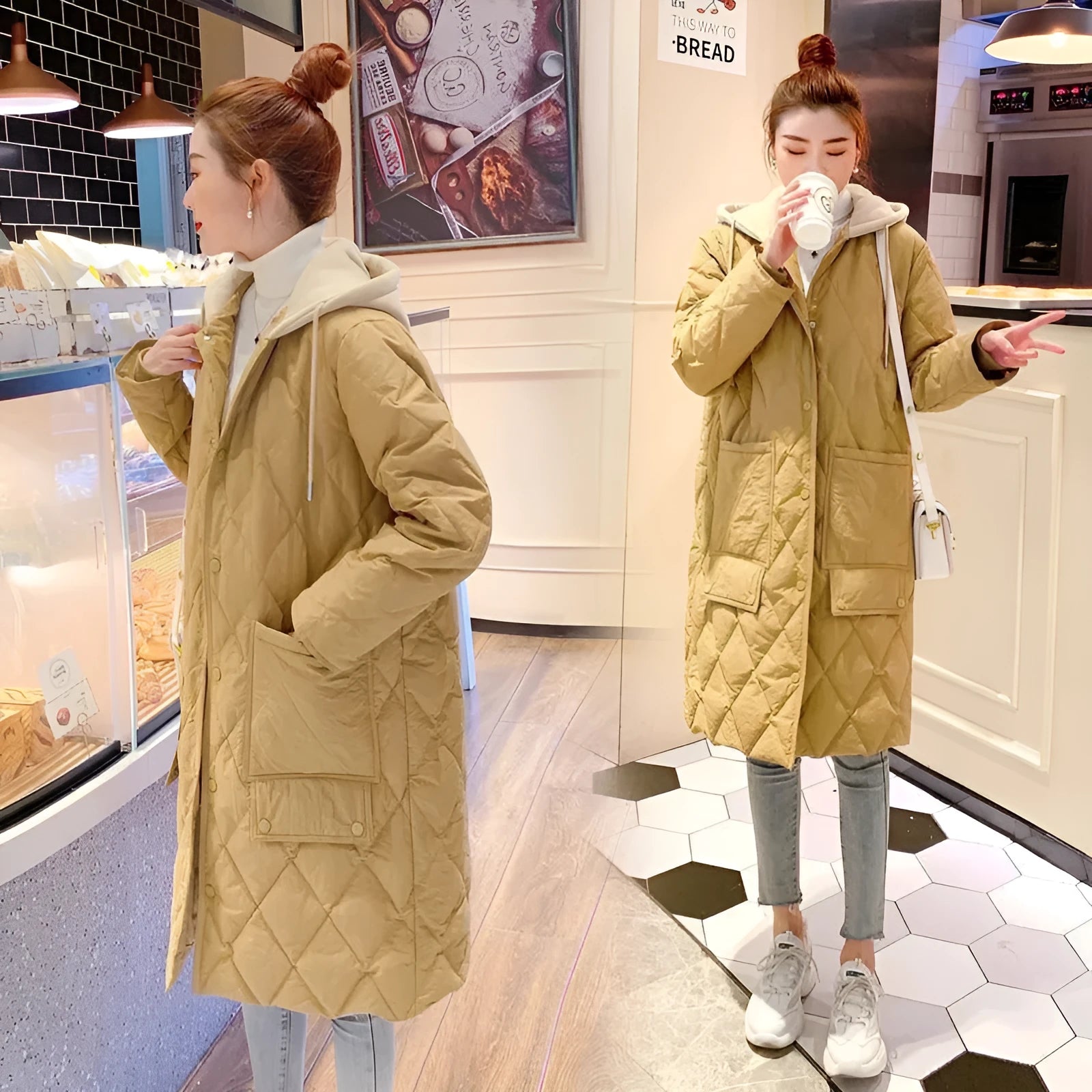 Women's over-the-knee padded jacket with rhombus plaid pattern in black with hood and flight sleeves