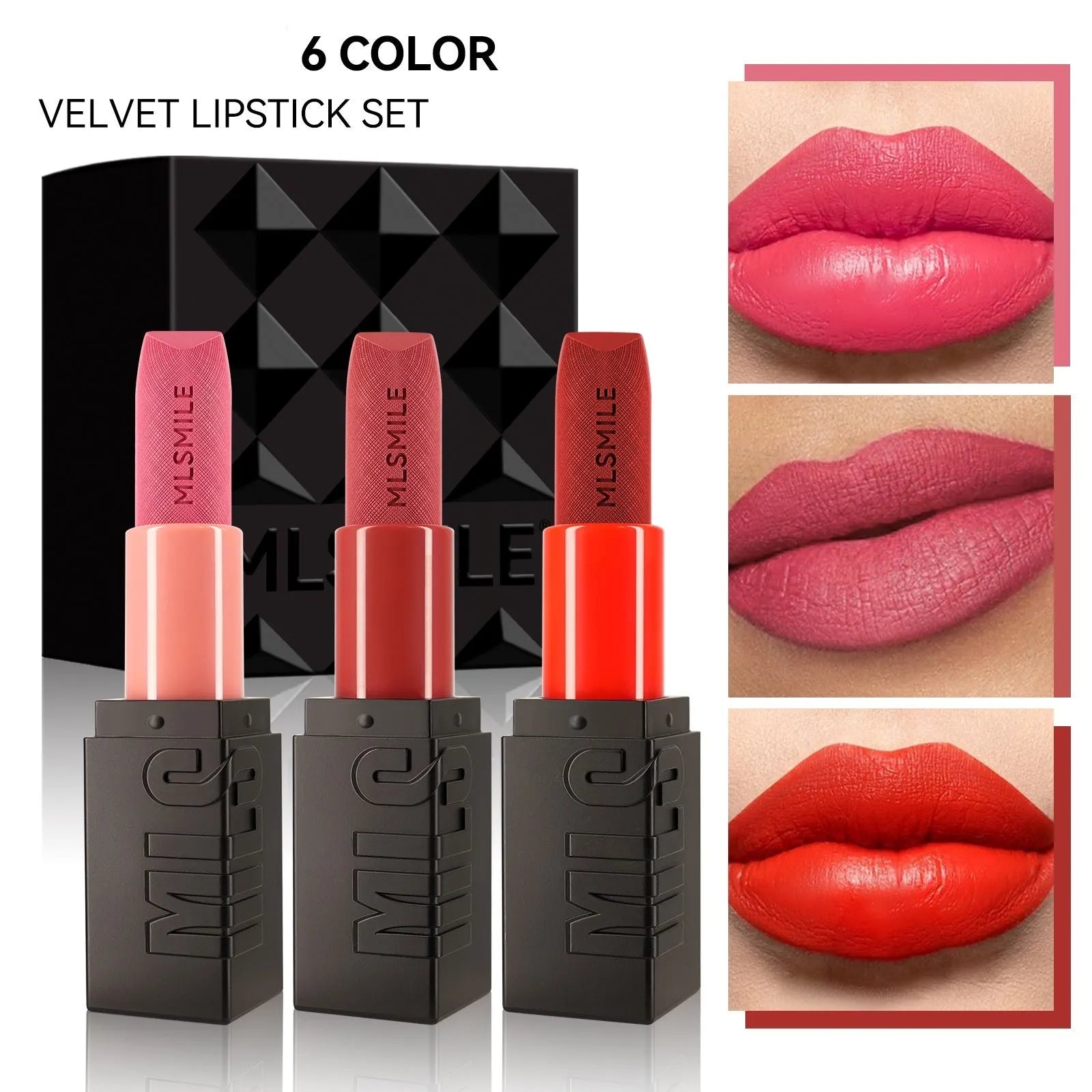 MLSMILE embossed lipstick three-piece set showing three lipstick bullets and packaging