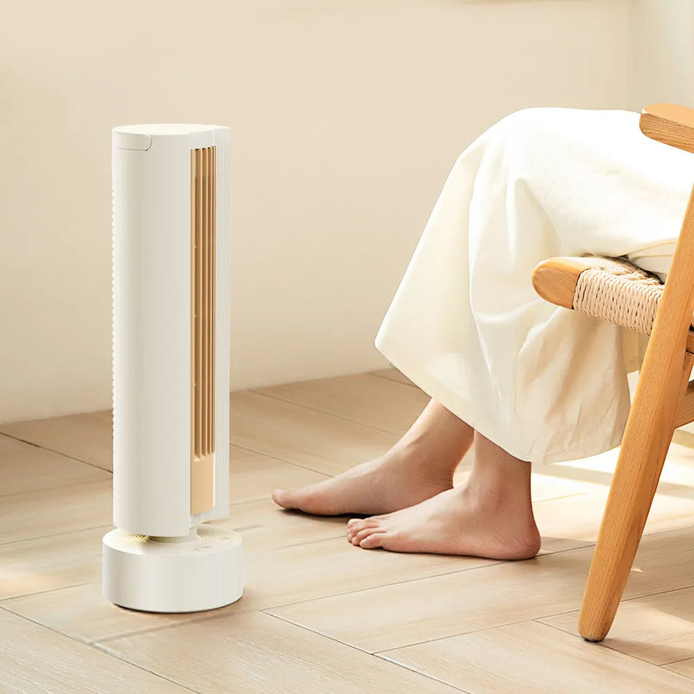Milky white leafless desktop fan with brushless motor, auto-shake head, and USB power on a desk
