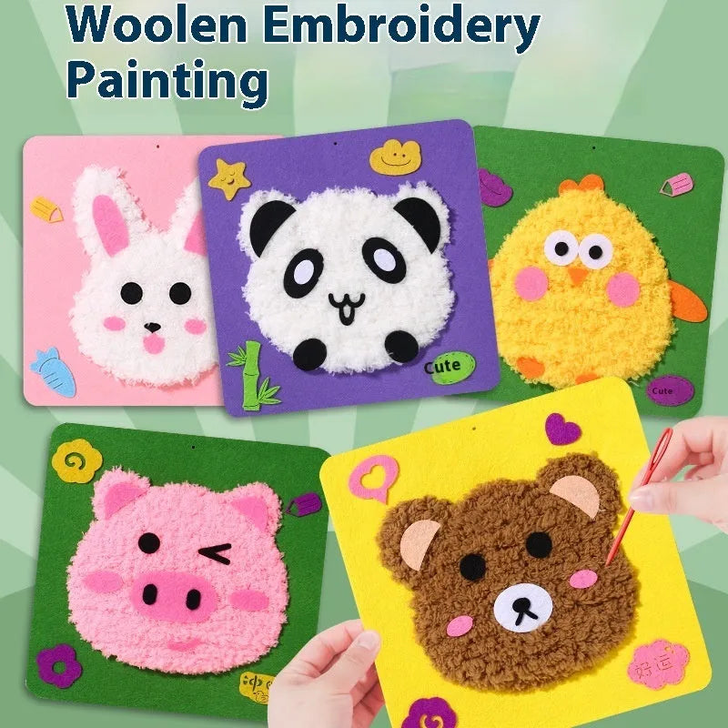 Children's cartoon animal wool embroidery painting kit with cloth canvas, 15cm size, featuring rabbit and bear designs for DIY play