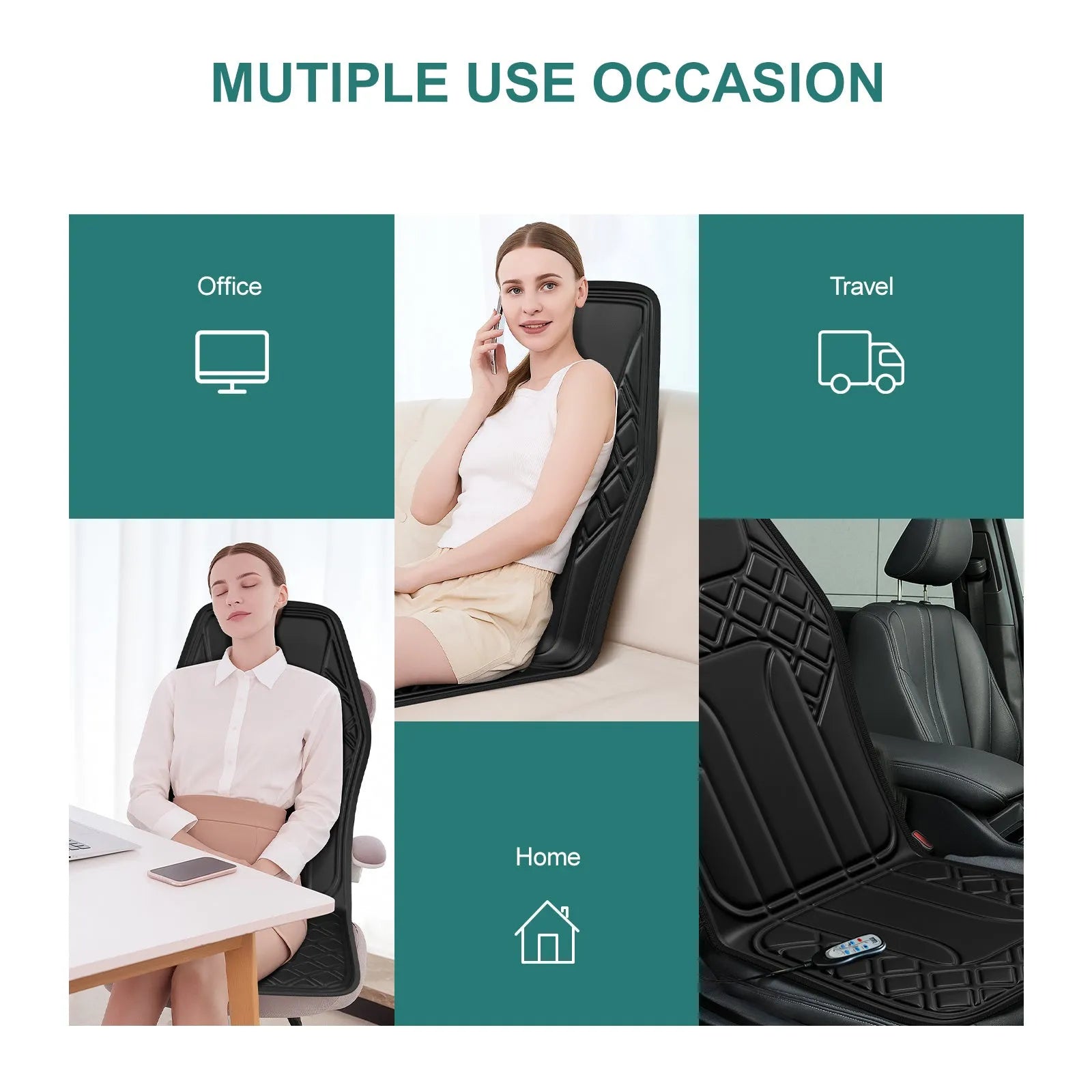 9-speed massage cushion with timer and heat on an office chair showing control panel and fabric cushion