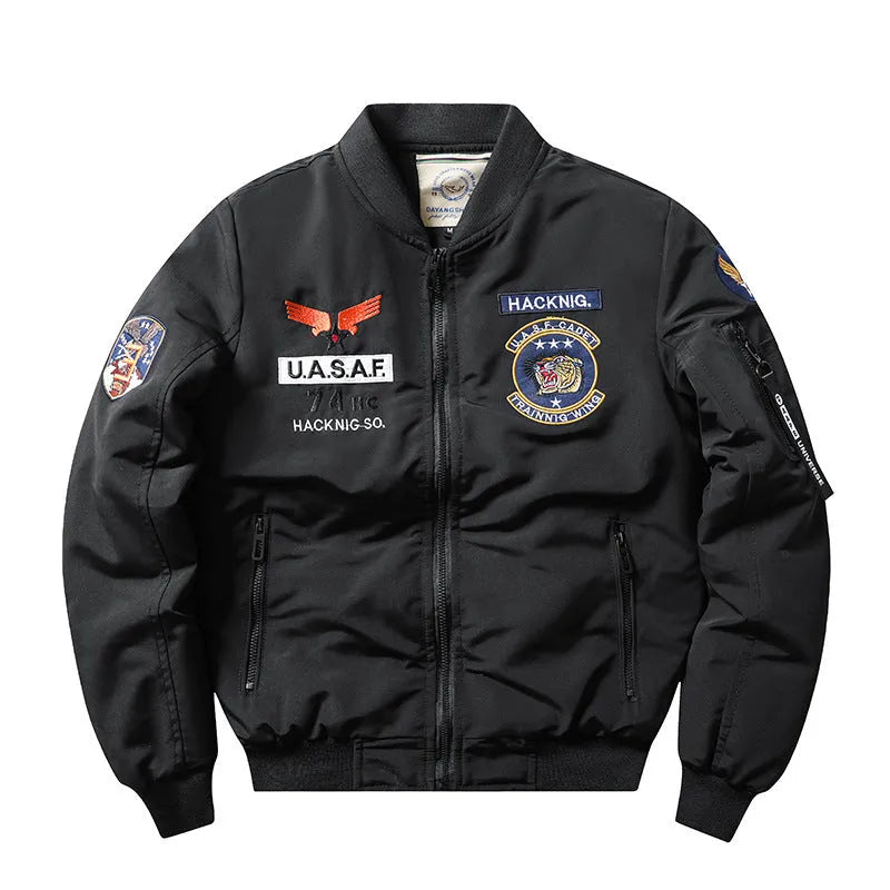 Men's slim-fit stand collar cotton-padded coat in blue, shown with embroidery and patch pockets.