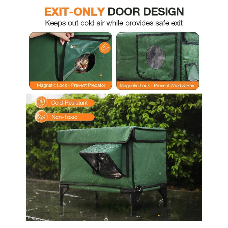 Green outdoor heated insulated foldable cat house made of 900D PVC with charger, available in S M L sizes