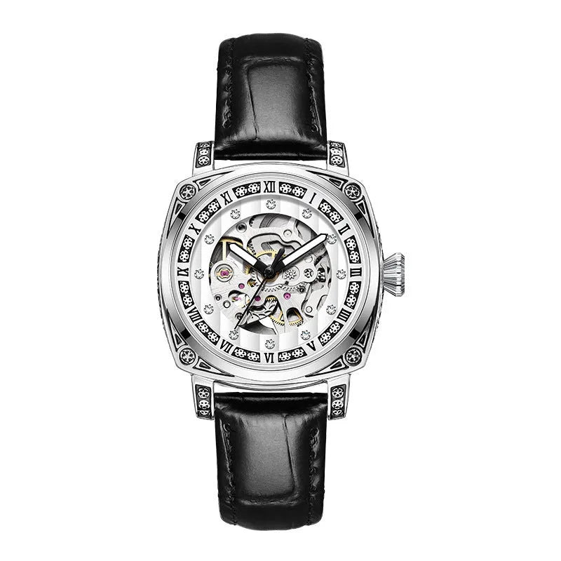 Mechanical watch with leather strap and luminous hands on a dial, shown in multiple colour options.