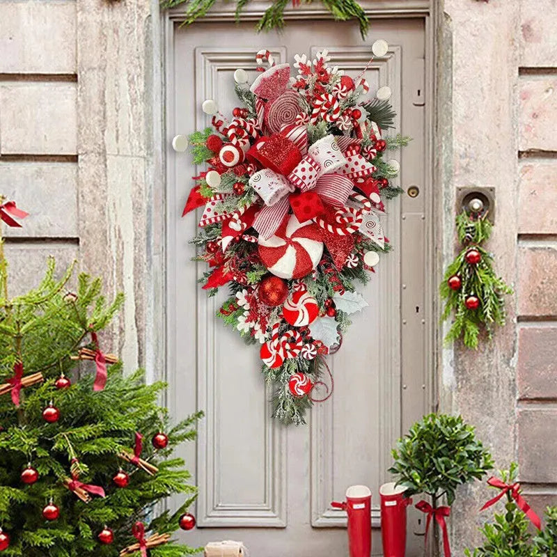 Artificial Christmas candy upside down tree garland in plastic, 50cm size, with yellow ribbon loops for hanging