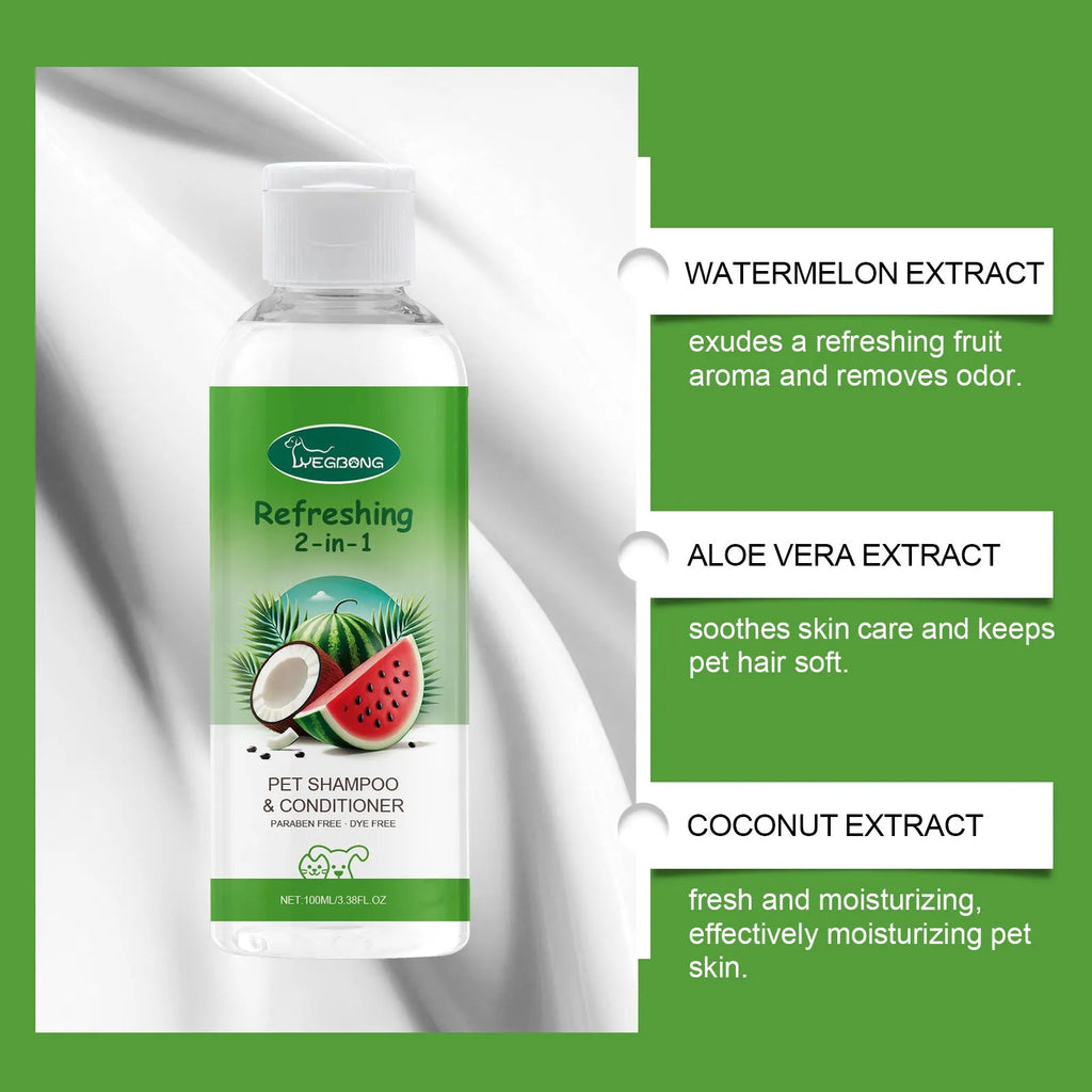 A 100ml bottle of pet 2-in-1 shampoo and conditioner gel with watermelon and coconut extract.