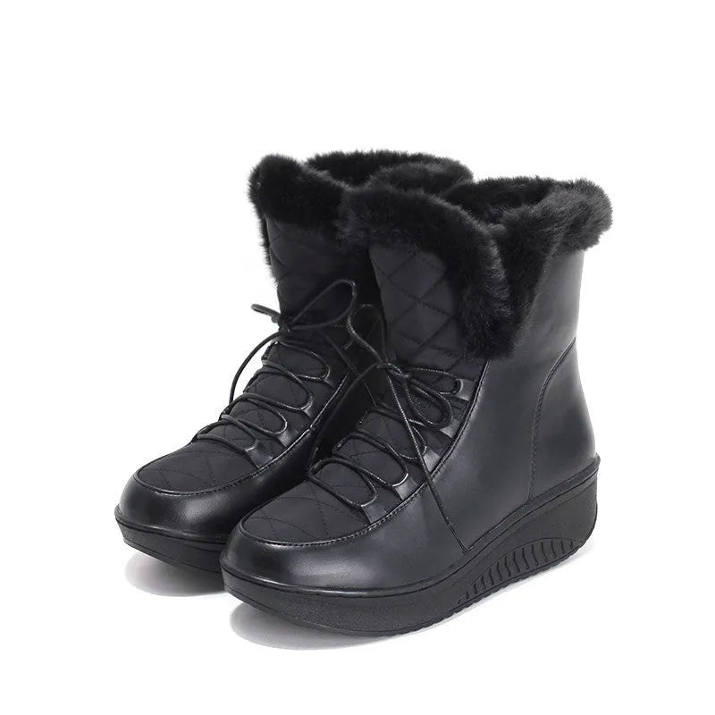 Women's black lace-up platform winter boots with a water-resistant finish.