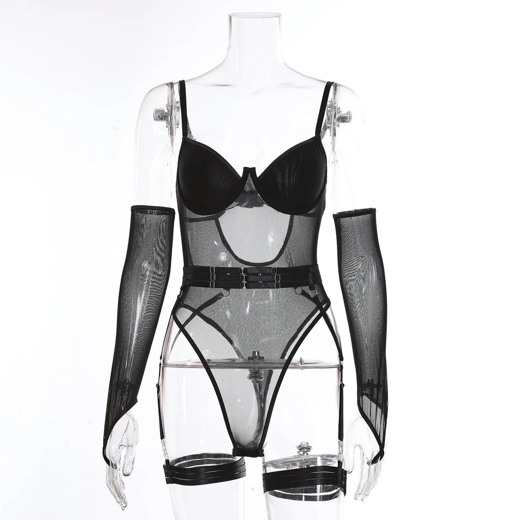 A black see-through mesh jumpsuit for female cosplay and game costume wear.