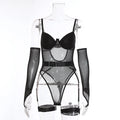 A black see-through mesh jumpsuit for female cosplay and game costume wear.