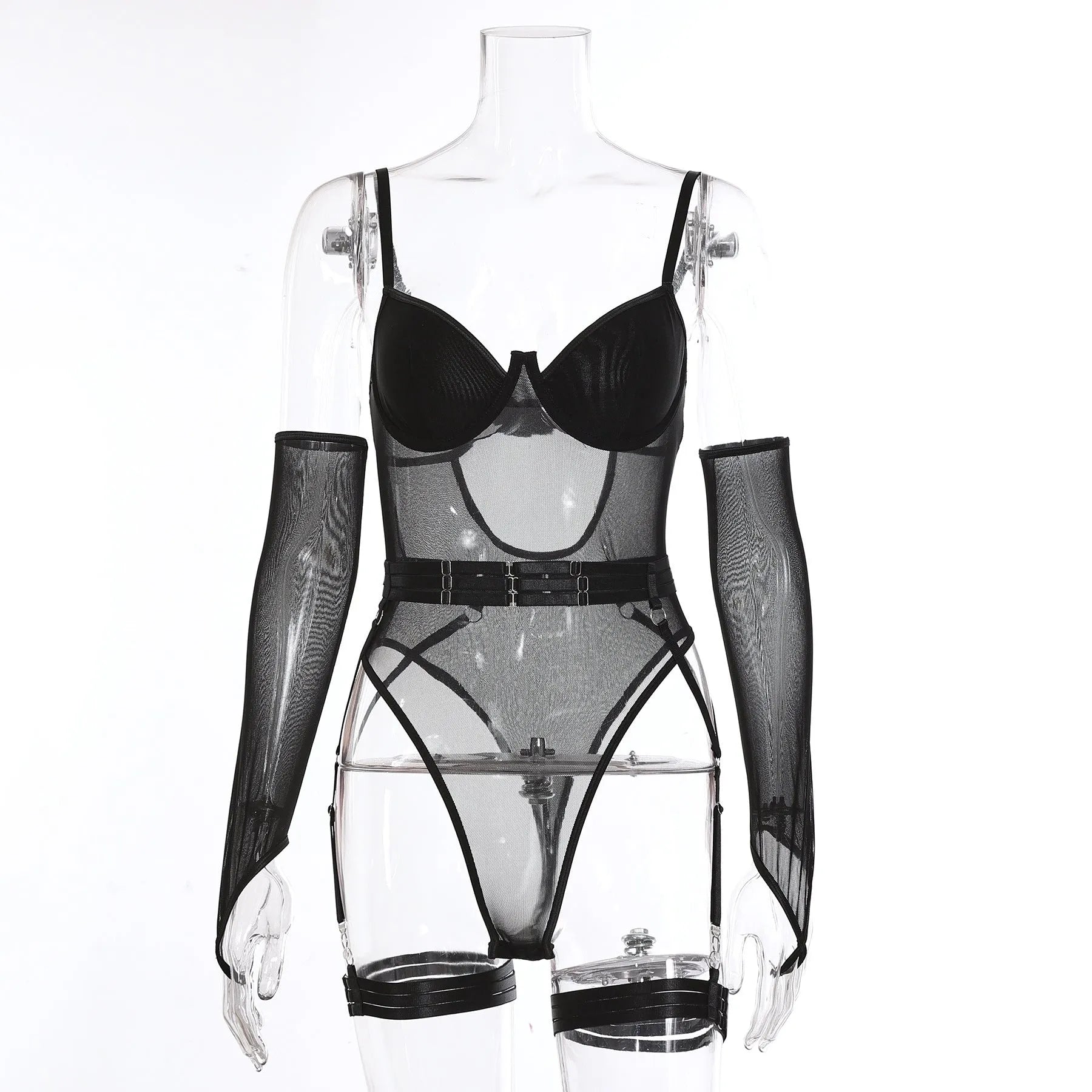 A black see-through mesh jumpsuit for female cosplay and game costume wear.