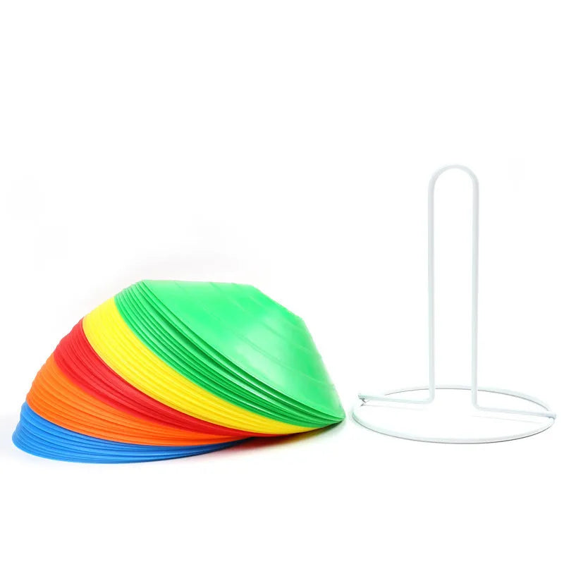 PE football training round hole sign plates, 19cm x 5cm, in yellow, red, blue, black, green, orange, and white.