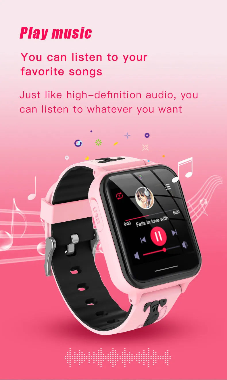 Children's telephone watch with touch screen, 1.54 inch IPS display, silicone strap in pink, blue, and black
