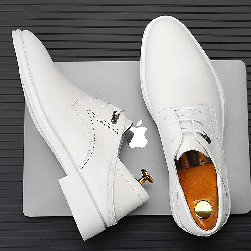 Men's black pointed toe cow split leather low heel dress shoes for business