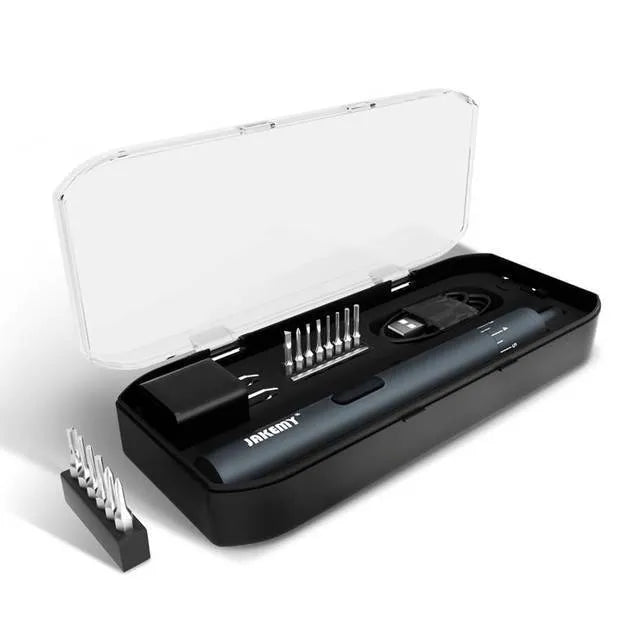 Black mini electric screwdriver with aluminium casing and micro USB charging port