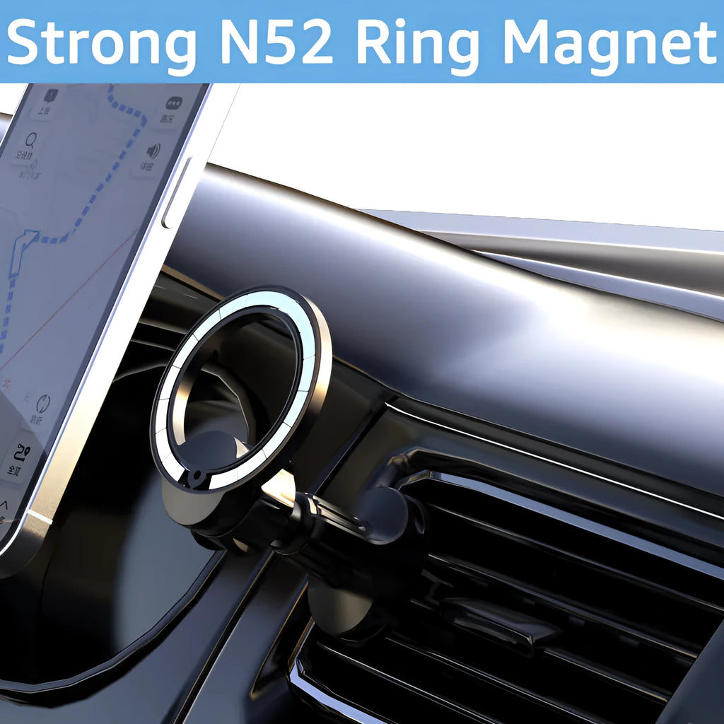 Black magnetic car phone holder mounted on vehicle air vent
