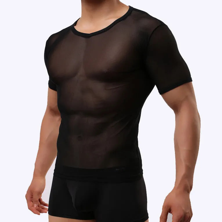 Men's slim fit transparent mesh t-shirt in solid colours on a hanger