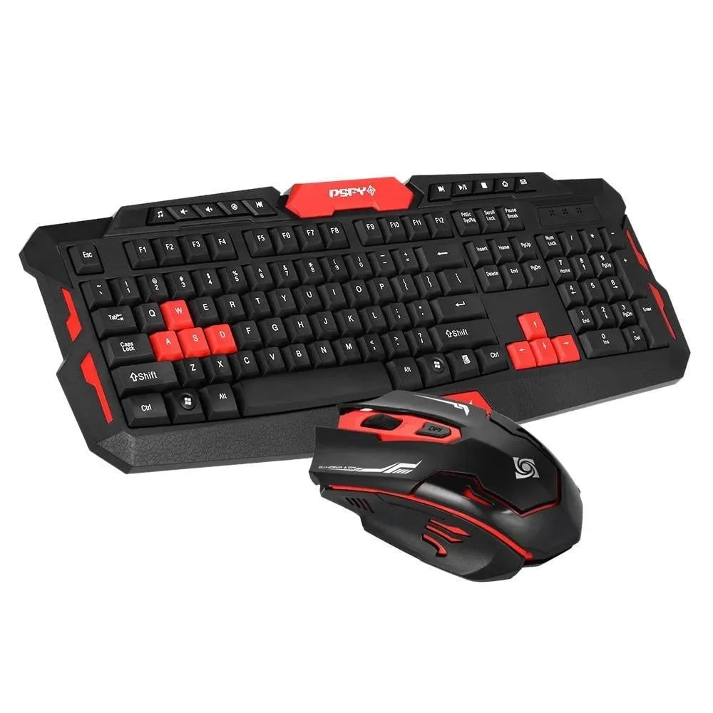 HK8100 2.4G wireless gaming keyboard mouse combo in black and blue with ergonomic design and waterproof feature