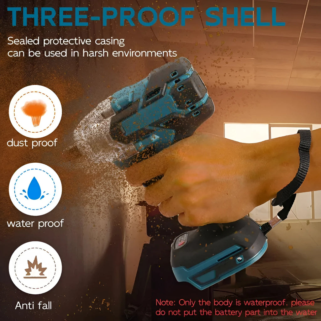 21V brushless electric impact wrench hand drill with lithium battery and 12.4mm chuck on workbench
