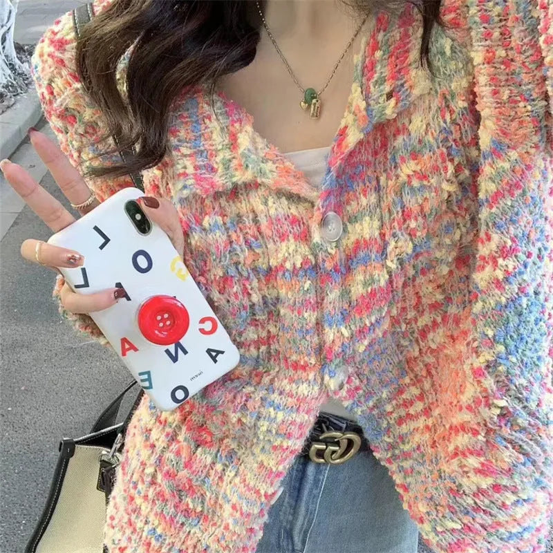 Retro rainbow pattern knitted cardigan sweater in pink or green with toothbrush hair fabric texture