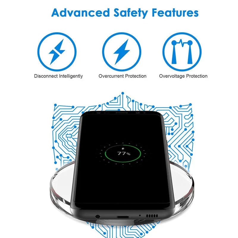 Round black QI wireless charging pad with USB cable for Samsung and iPhone phones