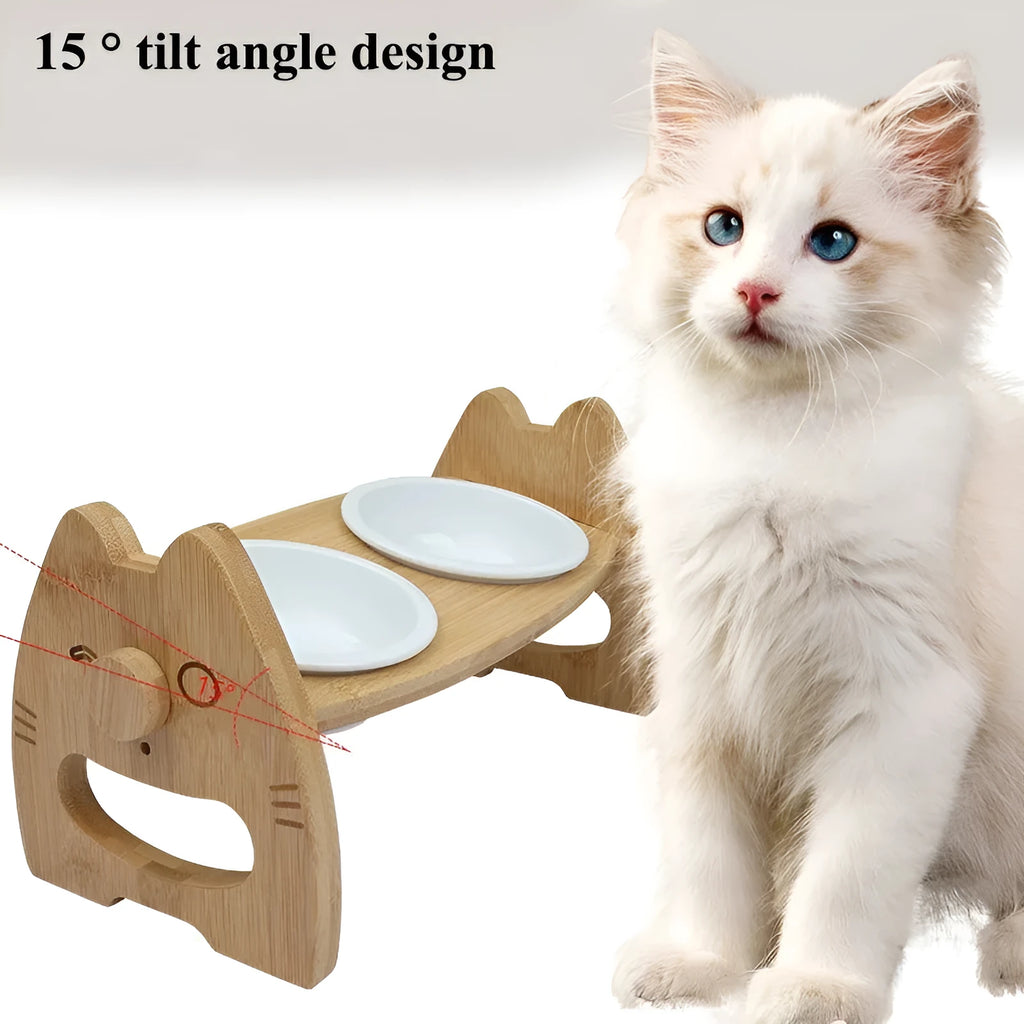 Height adjustable pet bowl with ceramic double bowls on bamboo stand, original wood colour