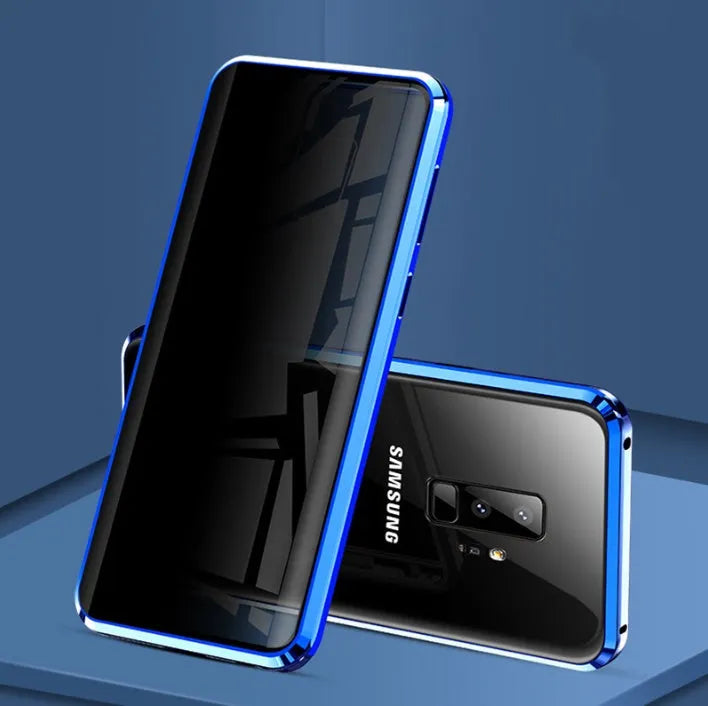 Samsung smartphone in a black clamshell magnetic case with anti-peeping screen, shown open and closed.