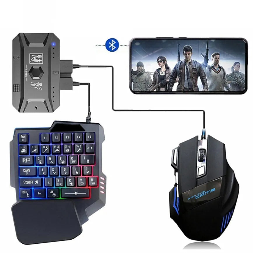Grey ABS plastic mobile gaming keyboard and mouse converter set with USB cable