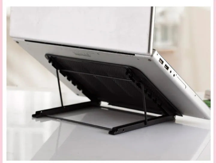 Cold-rolled steel adjustable laptop and tablet stand in multiple colours, shown folded and unfolded.