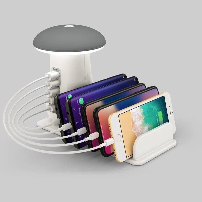 White 2-in-1 mushroom lamp USB charger with Qualcomm Quick Charge 3.0 on a wooden desk