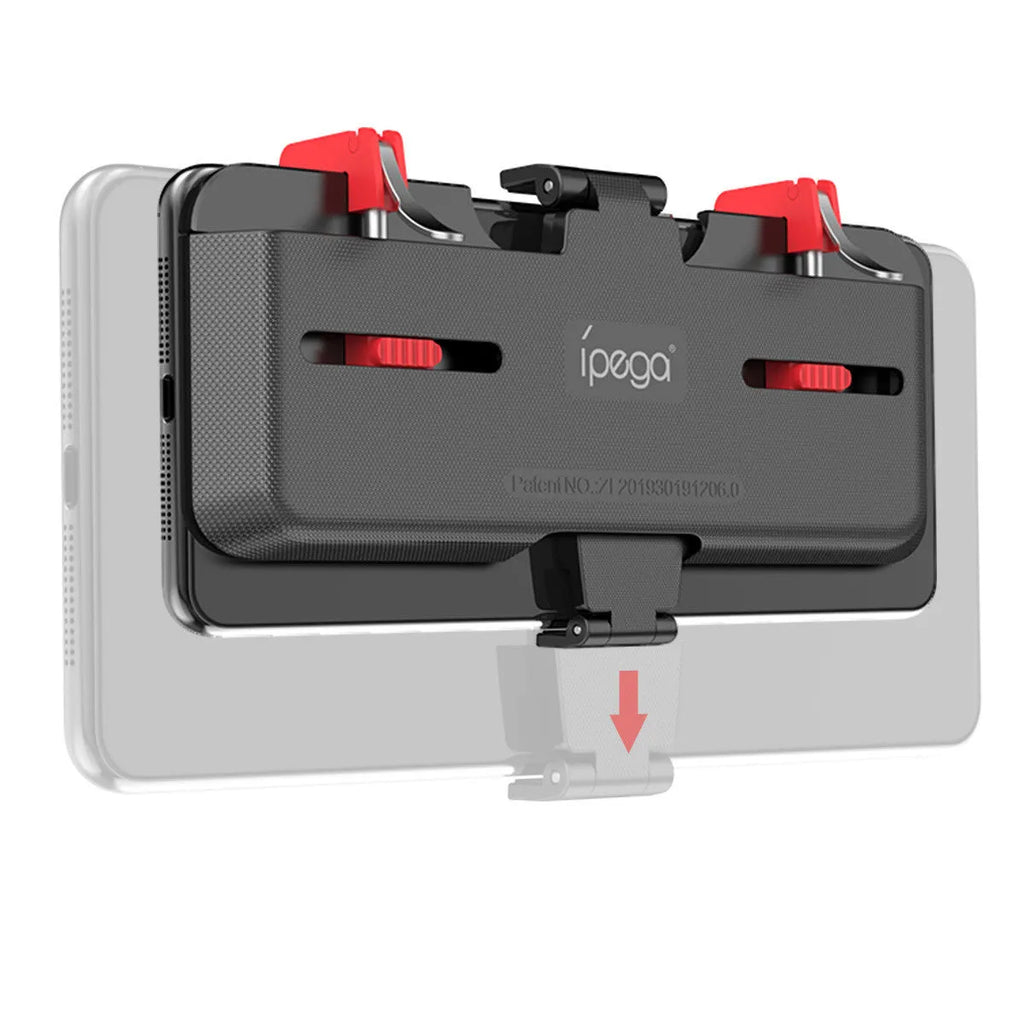 Black mobile gaming trigger handle showing metal trigger and adjustable phone clip