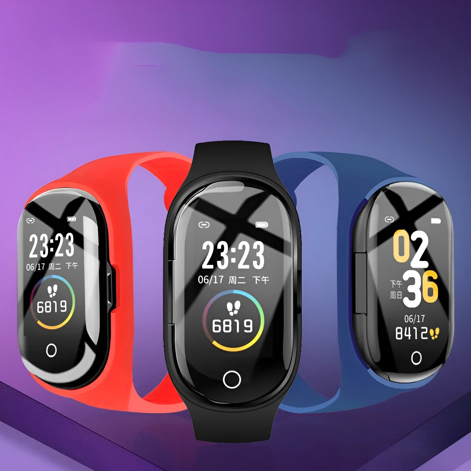 Smart bracelet with integrated wireless earphones showing 1-inch colour touchscreen on silicone wristband