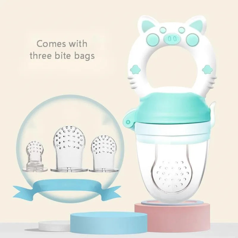 Silicone baby teether in blue, green, or pink with textured mouthpiece for gum relief
