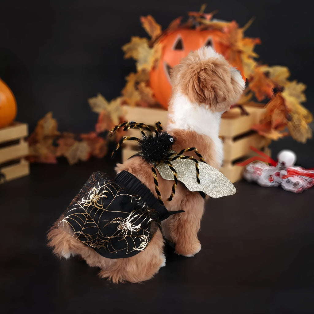 A brown polyester suit costume for a dog, shown on a pet, suitable for Halloween or parties.