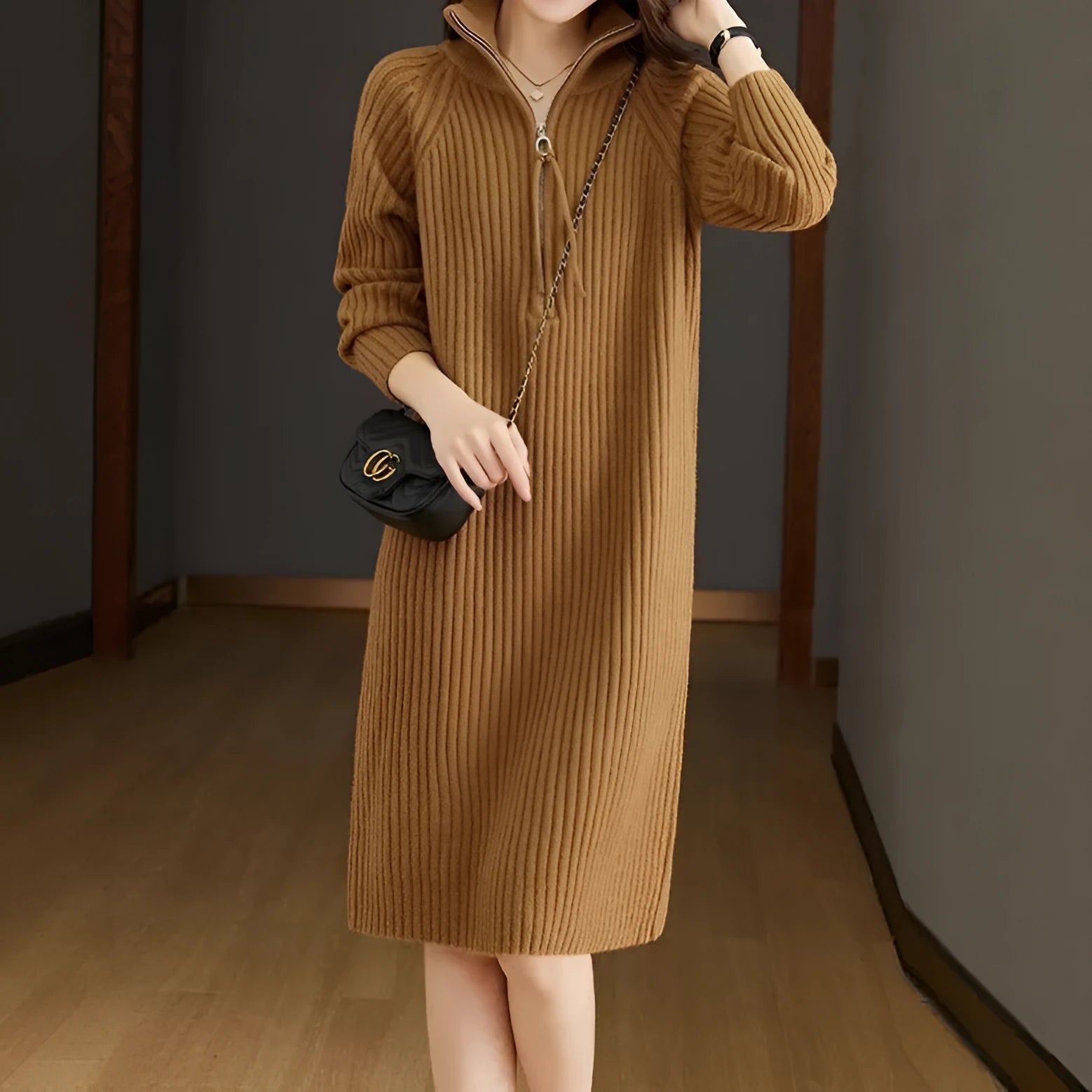 Half zip casual woolen skirt with stand collar and wide waist in straight dress silhouette