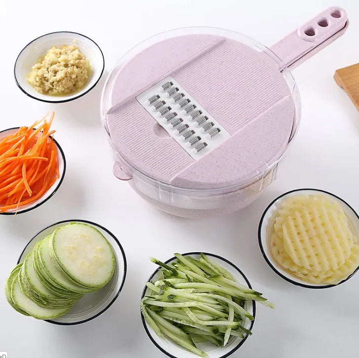 8 In 1 Mandoline Slicer vegetable slicer with stainless steel blades, strainer, and hand guard in blue