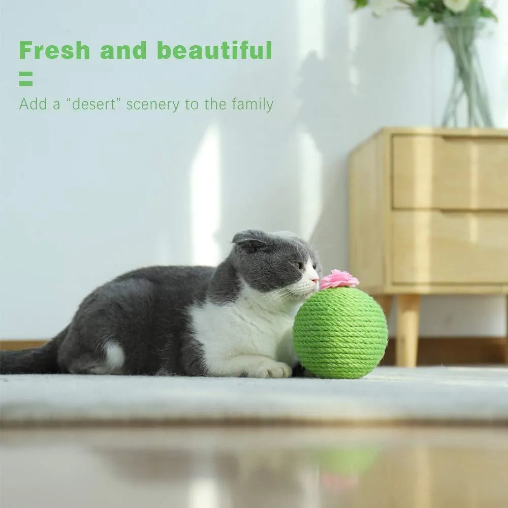 Green multi-level cat scratching tower with an interactive cactus ball toy and sisal-wrapped posts