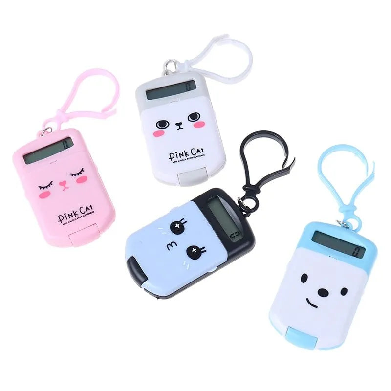 Creative cookie-shaped cute mini calculator with key ring in pink, blue, grey, and black colours