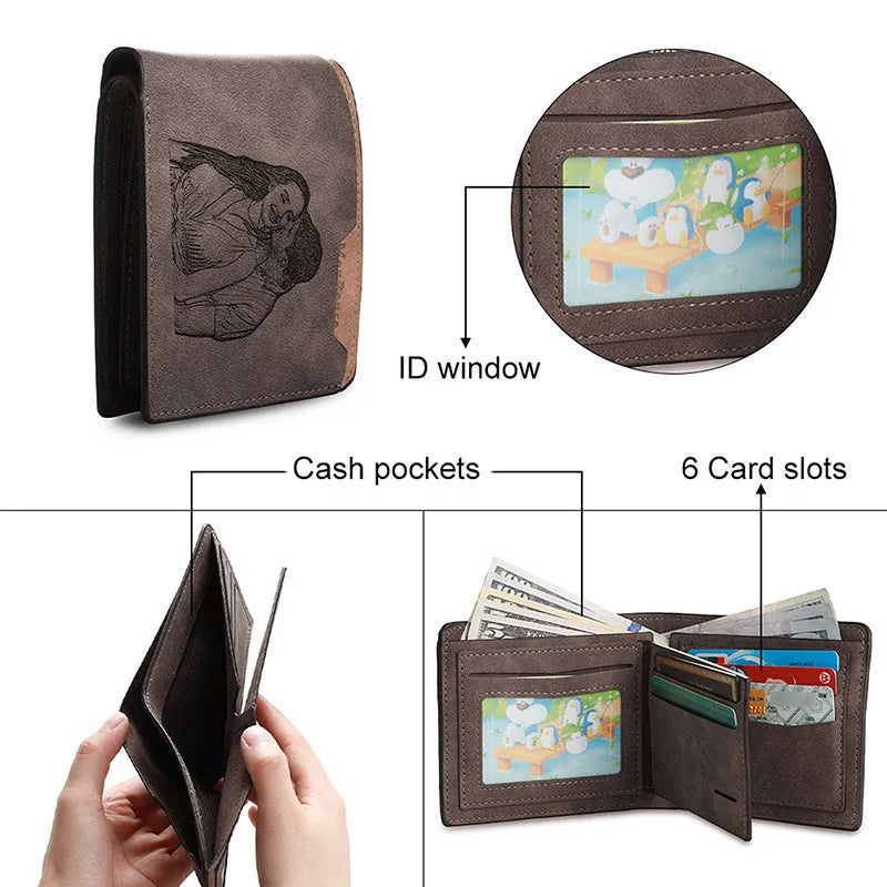 Coffee brown engraved horizontal short PU wallet for men, showing photo personalisation on the cover.