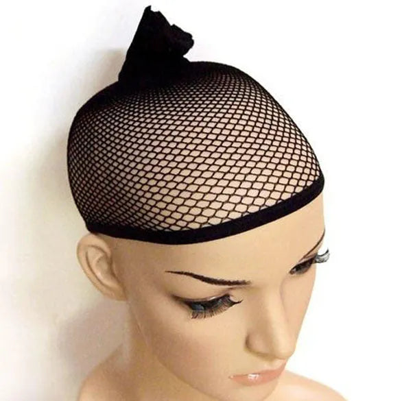 Black curly wig for women 65cm long on a mannequin head showing adjustable cap and free hair net