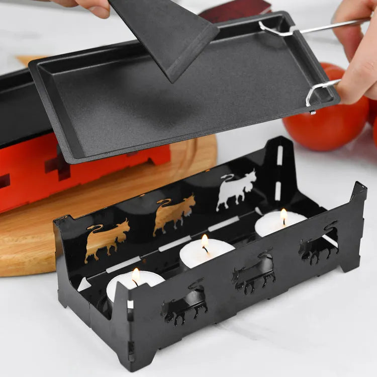 Mini non-stick carbon steel grill plate with candle holder set, 18.5cm x 9cm x 6cm, wooden handle baking tray style