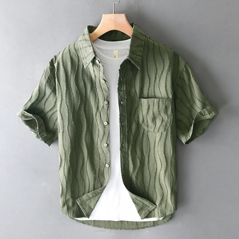 Men's apricot pure cotton loose short sleeve casual shirt on a hanger