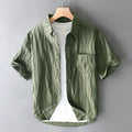 Men's apricot pure cotton loose short sleeve casual shirt on a hanger