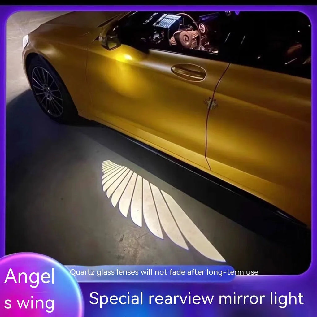Car rearview mirror courtesy lamp with aluminium housing projecting white angel wings pattern