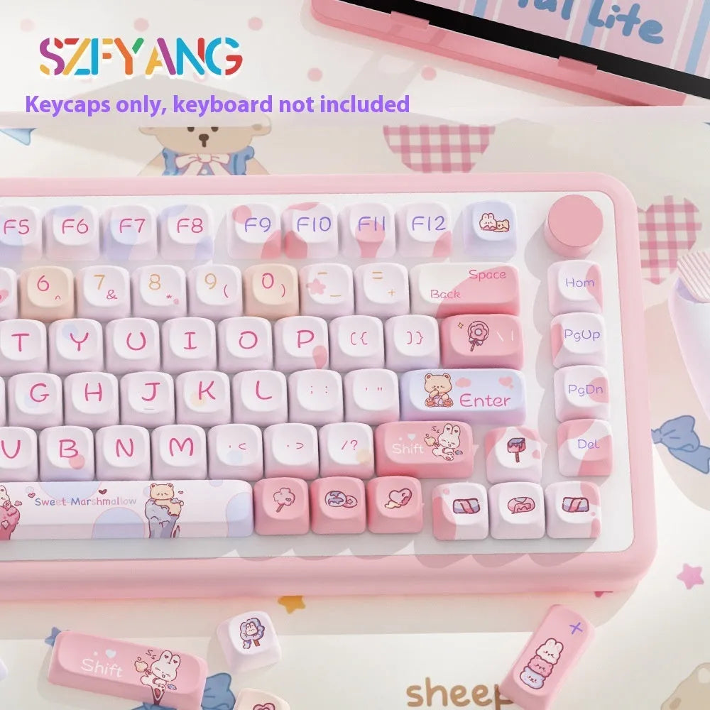Sweet Cotton Candy pastel pink blue and white key cap set for mechanical keyboards laid out in box