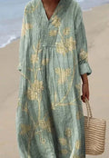 Casual long-sleeve shirt dress with a 3D printed floral pattern and a long skirt.