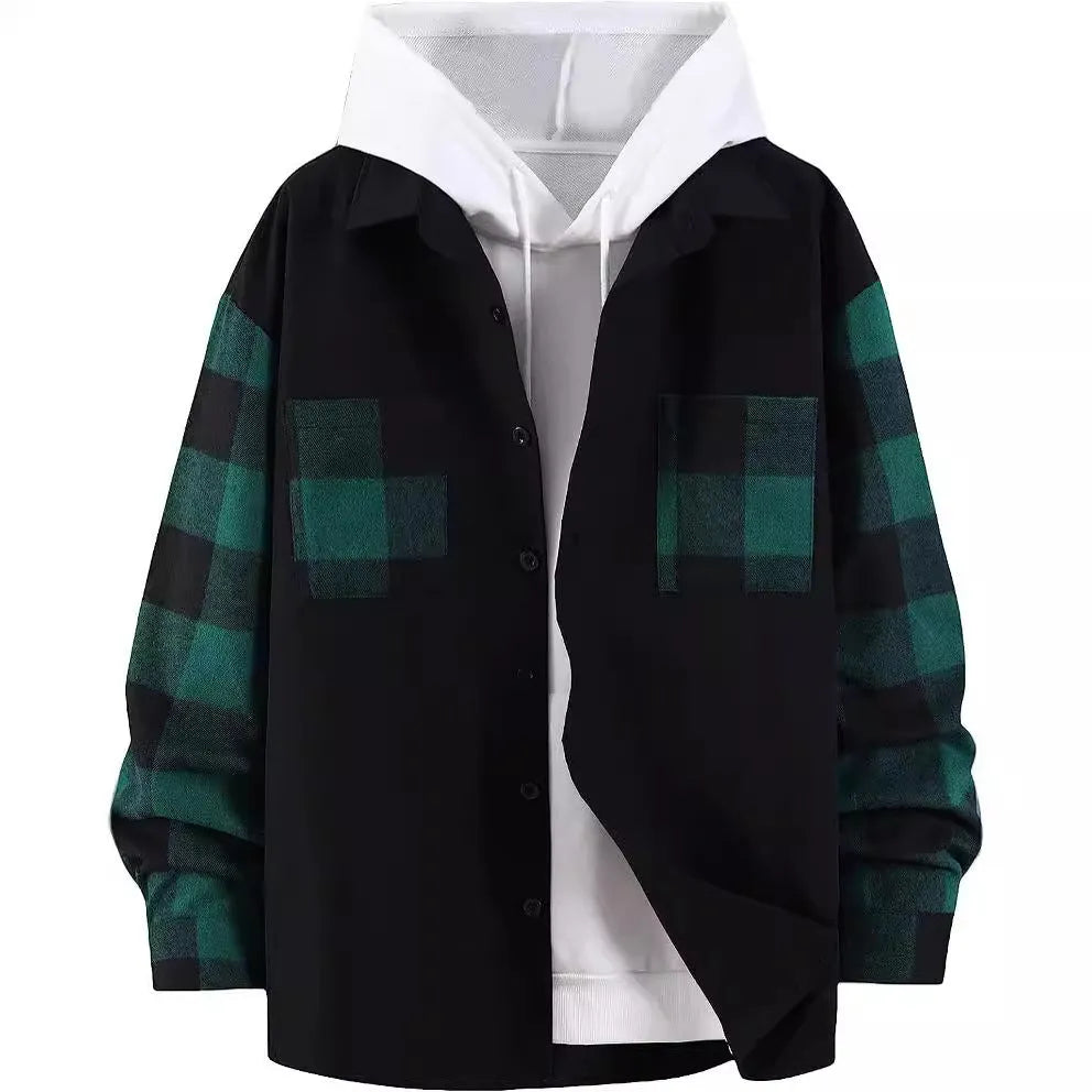 Men's cotton plaid long sleeve shirt in orange or green, loose cardigan style, sizes S to XXXXL