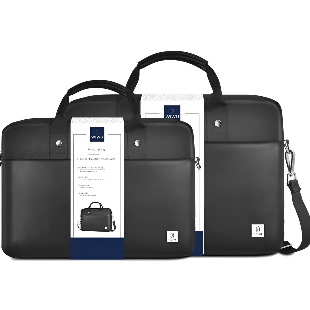 Black oxford cloth multi-pocket laptop handbag shown open, revealing separate padded computer layer and internal organisers.