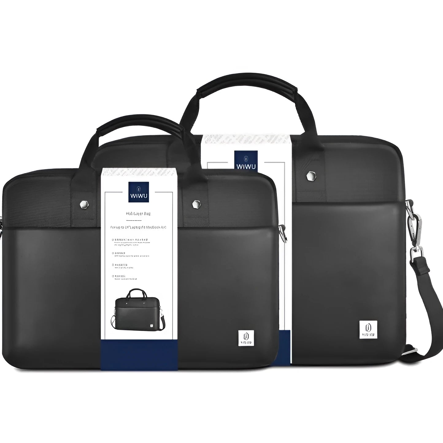 Black oxford cloth multi-pocket laptop handbag shown open, revealing separate padded computer layer and internal organisers.